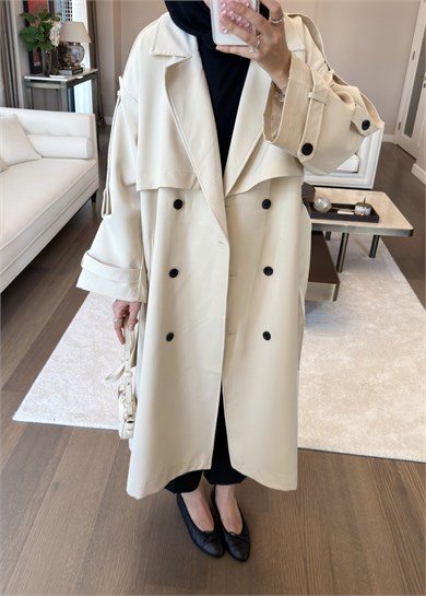 Oversize Düğmeli Kruvaze Trençkot Bej
