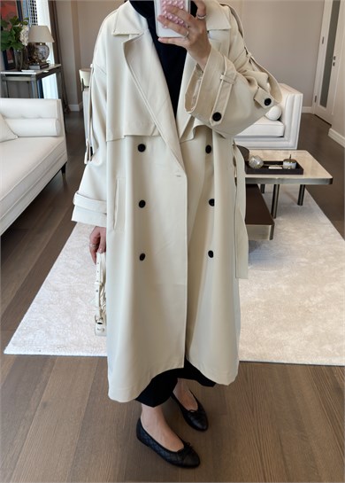 Oversize Düğmeli Kruvaze Trençkot Bej