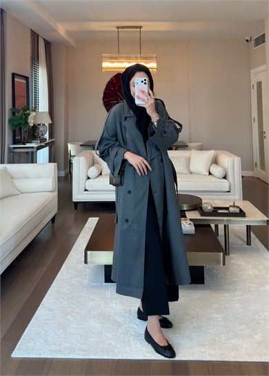 Oversize Düğmeli Kruvaze Trençkot Gri