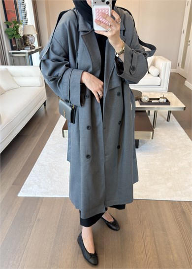Oversize Düğmeli Kruvaze Trençkot Gri
