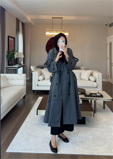 Oversize Düğmeli Kruvaze Trençkot Gri