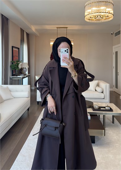 Oversize Düğmeli Kruvaze Trençkot Kahverengi