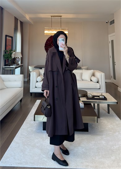Oversize Düğmeli Kruvaze Trençkot Kahverengi