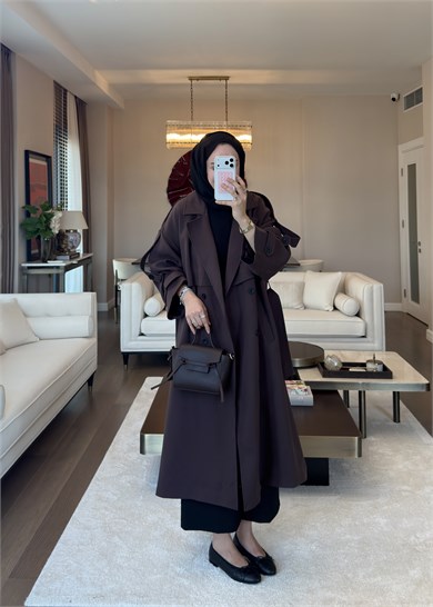 Oversize Düğmeli Kruvaze Trençkot Kahverengi