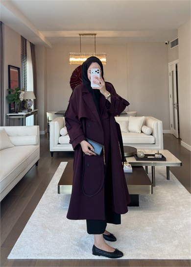 Oversize Düğmeli Kruvaze Trençkot Mürdüm