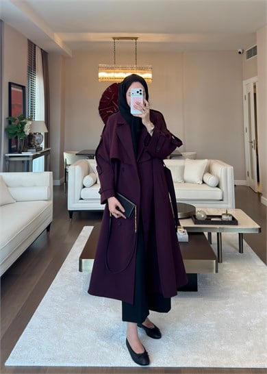 Oversize Düğmeli Kruvaze Trençkot Mürdüm
