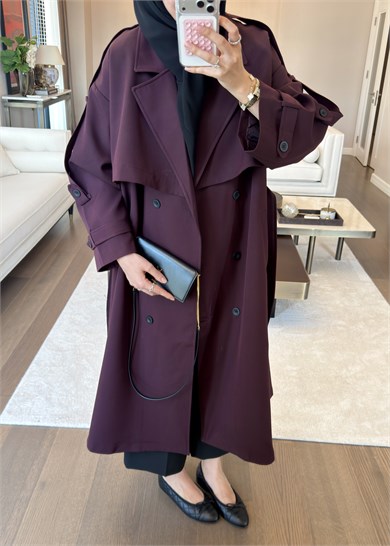 Oversize Düğmeli Kruvaze Trençkot Mürdüm