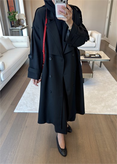Oversize Düğmeli Kruvaze Trençkot Siyah