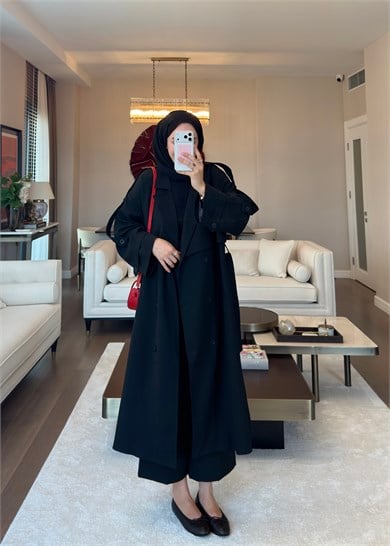 Oversize Düğmeli Kruvaze Trençkot Siyah