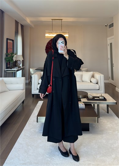Oversize Düğmeli Kruvaze Trençkot Siyah