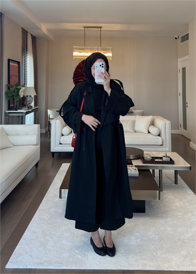 Oversize Düğmeli Kruvaze Trençkot Siyah