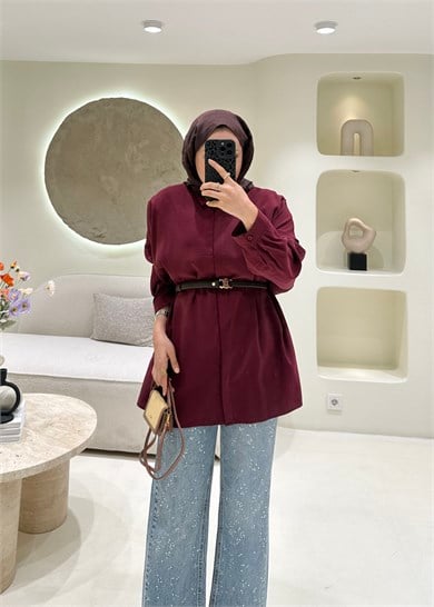 Oversize Tensel Gömlek Bordo 
