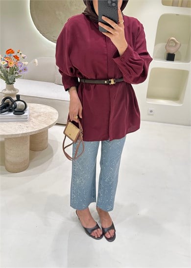 Oversize Tensel Gömlek Bordo 