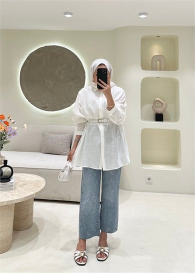 Oversize Tensel Gömlek Ekru 