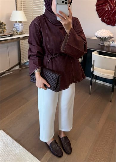 Parçalı Yüksek Yaka Denim Gömlek Bordo