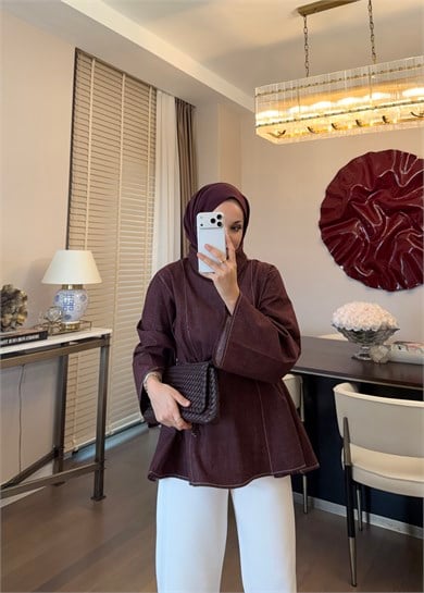 Parçalı Yüksek Yaka Denim Gömlek Bordo