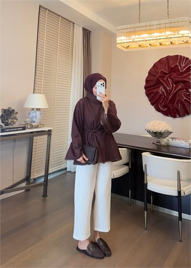 Parçalı Yüksek Yaka Denim Gömlek Bordo