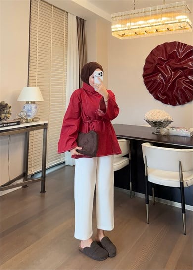 Parçalı Yüksek Yaka Denim Gömlek Kırmızı