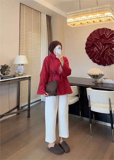 Parçalı Yüksek Yaka Denim Gömlek Kırmızı