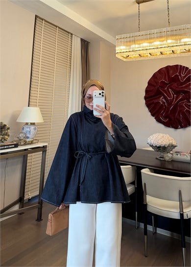 Parçalı Yüksek Yaka Denim Gömlek Lacivert