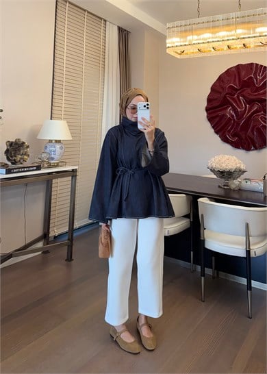 Parçalı Yüksek Yaka Denim Gömlek Lacivert