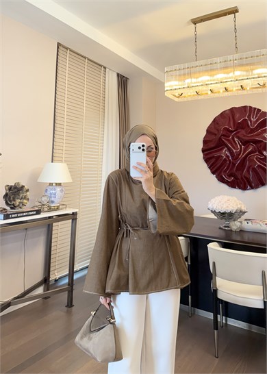 Parçalı Yüksek Yaka Denim Gömlek Olive