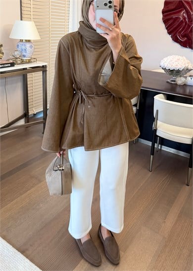 Parçalı Yüksek Yaka Denim Gömlek Olive