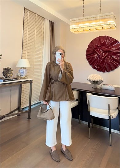 Parçalı Yüksek Yaka Denim Gömlek Olive