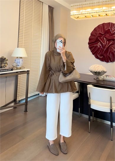 Parçalı Yüksek Yaka Denim Gömlek Olive