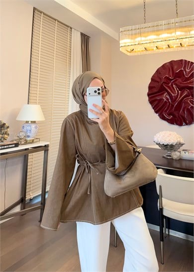 Parçalı Yüksek Yaka Denim Gömlek Olive
