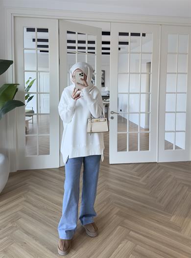 Parmak Geçirmeli Sweatshirt Ekru