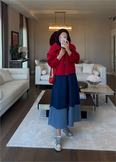 Patchwork Denim Etek Lacivert