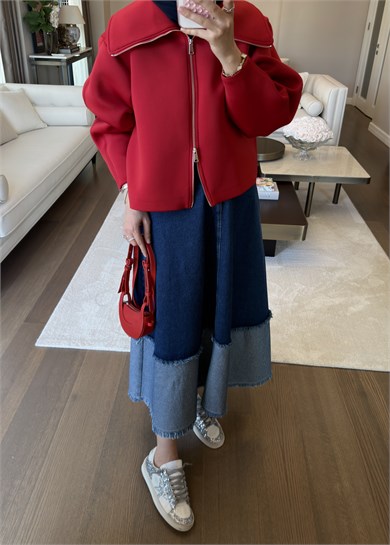 Patchwork Denim Etek Lacivert