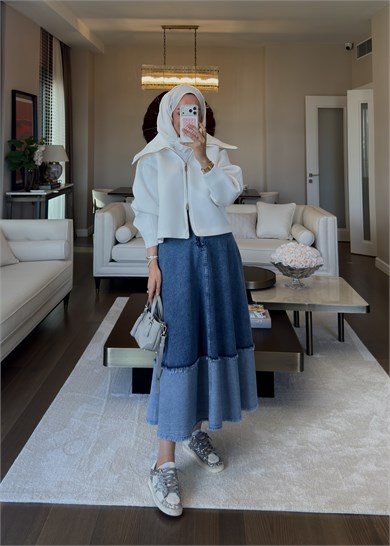 Patchwork Denim Etek Mavi