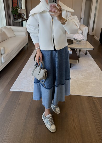 Patchwork Denim Etek Mavi