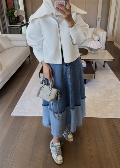 Patchwork Denim Etek Mavi