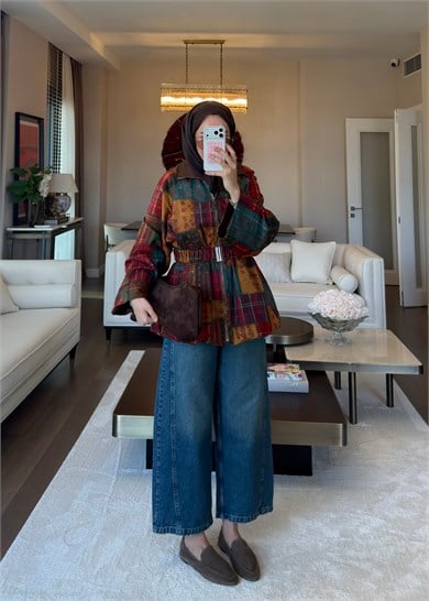Patchwork Desen Kemerli Trençkot