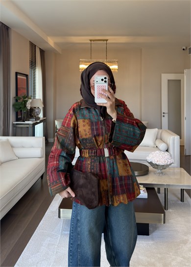 Patchwork Desen Kemerli Trençkot