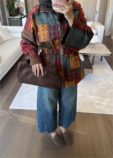 Patchwork Desen Kemerli Trençkot