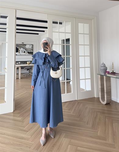 Pelerinli Denim Elbise Açık Mavi