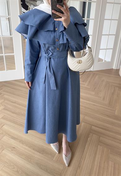 Pelerinli Denim Elbise Açık Mavi