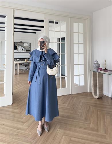 Pelerinli Denim Elbise Açık Mavi