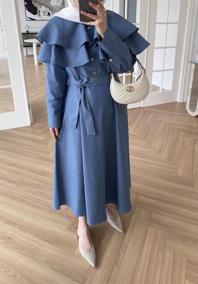 Pelerinli Denim Elbise Açık Mavi