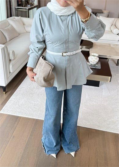 Peplum Oturan Gömlek Buz Gri
