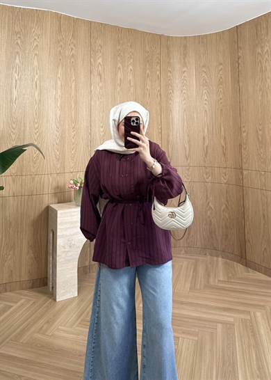 Perla Çizgili Modal Gömlek Mürdüm 