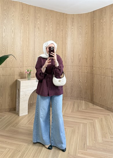 Perla Çizgili Modal Gömlek Mürdüm 