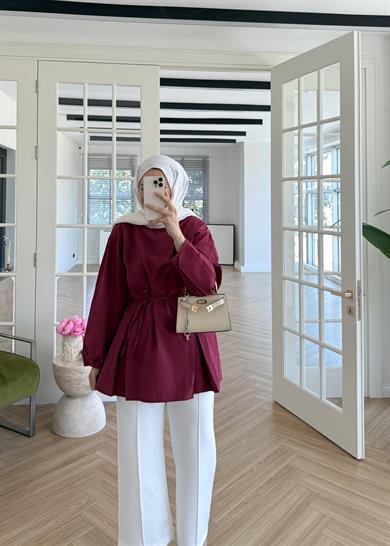 Pile Detaylı Poplin Gömlek Bordo