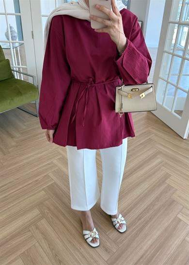 Pile Detaylı Poplin Gömlek Bordo