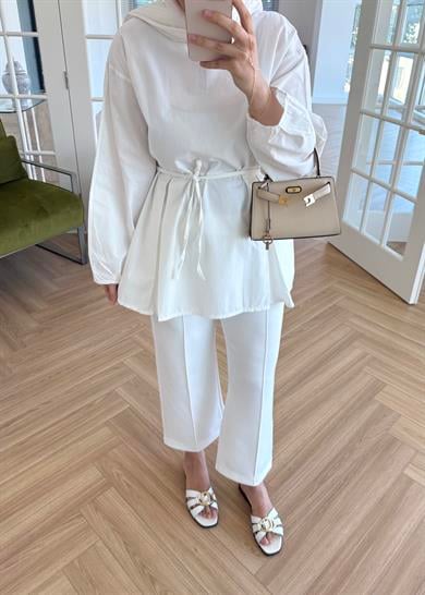 Pile Detaylı Poplin Gömlek Ekru