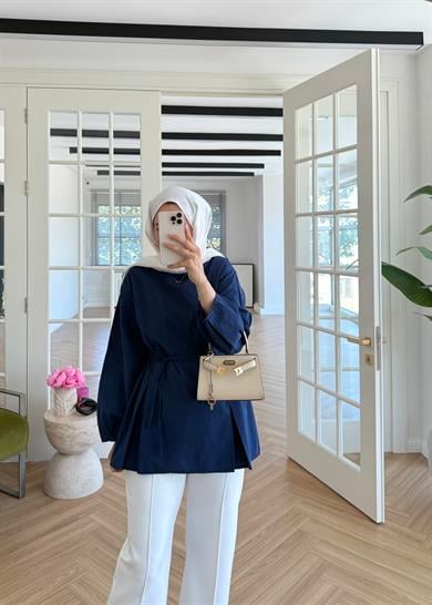 Pile Detaylı Poplin Gömlek Lacivert